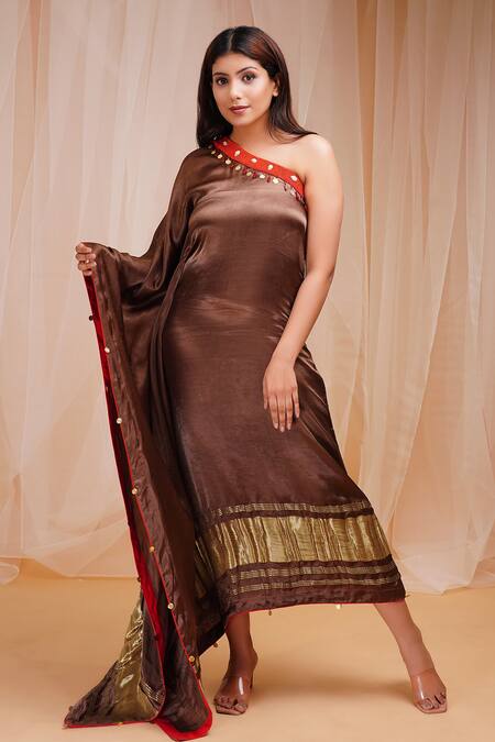 Farha Syed_Brown Modal, Satin, Silk Beads, Embroidery One Shoulder Placement Kaftan _Online_at_Aza_Fashions
