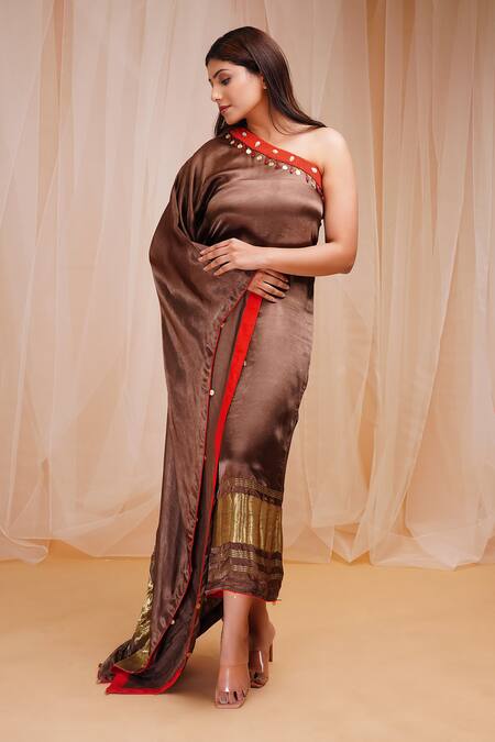 Buy_Farha Syed_Brown Modal, Satin, Silk Beads, Embroidery One Shoulder Placement Kaftan _Online_at_Aza_Fashions