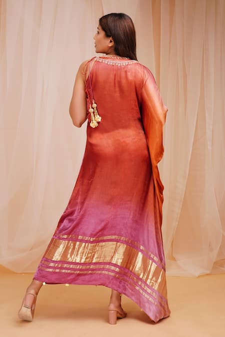 Shop_Farha Syed_Purple Modal, Satin, Silk Beads Round Neck Ombre Tassel Embellished Kaftan _at_Aza_Fashions