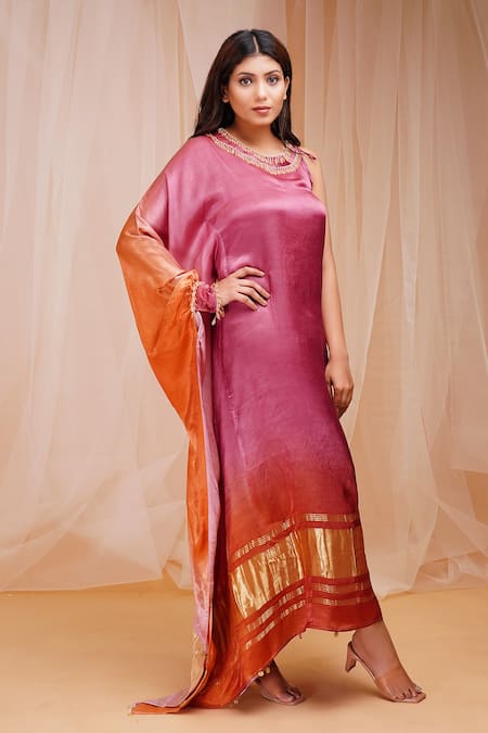 Farha Syed_Purple Modal, Satin, Silk Beads Round Neck Ombre Tassel Embellished Kaftan _Online_at_Aza_Fashions