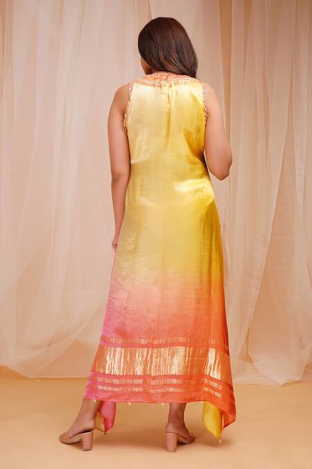 Shop_Farha Syed_Yellow Modal, Satin, Silk Beads Round Neck Tassel Embellished Ombre Kaftan _at_Aza_Fashions