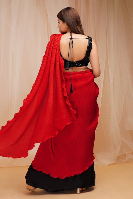 Shop_Farha Syed_Red Net Sequins, Embroidery Scoop Neck Gajji And Modal Satin Pre-draped Saree Set _at_Aza_Fashions