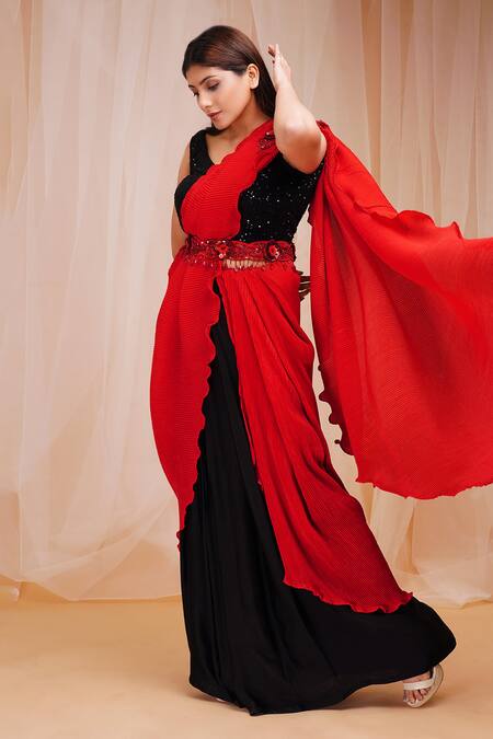 Buy_Farha Syed_Red Net Sequins, Embroidery Scoop Neck Gajji And Modal Satin Pre-draped Saree Set _Online_at_Aza_Fashions