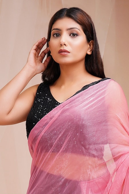Farha Syed_Pink Net, Chiffon Sequins, Embroidery Shimmer Pre-draped Saree With Blouse _Online_at_Aza_Fashions