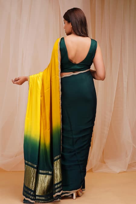 Farha Syed Green Gajji Satin Silk Embroidered Cutdana 4d Dyed Pre-draped Saree With Blouse  2