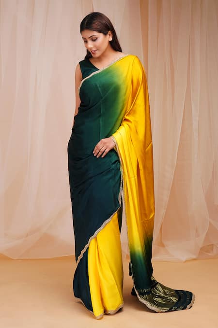 Farha Syed Green Gajji Satin Silk Embroidered Cutdana 4d Dyed Pre-draped Saree With Blouse  3