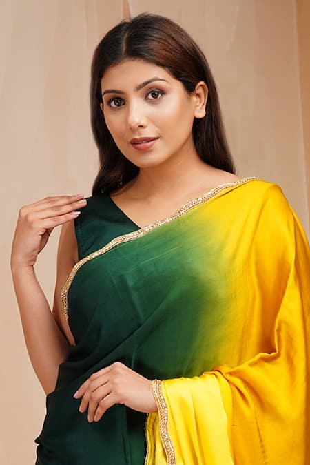 Farha Syed Green Gajji Satin Silk Embroidered Cutdana 4d Dyed Pre-draped Saree With Blouse  4