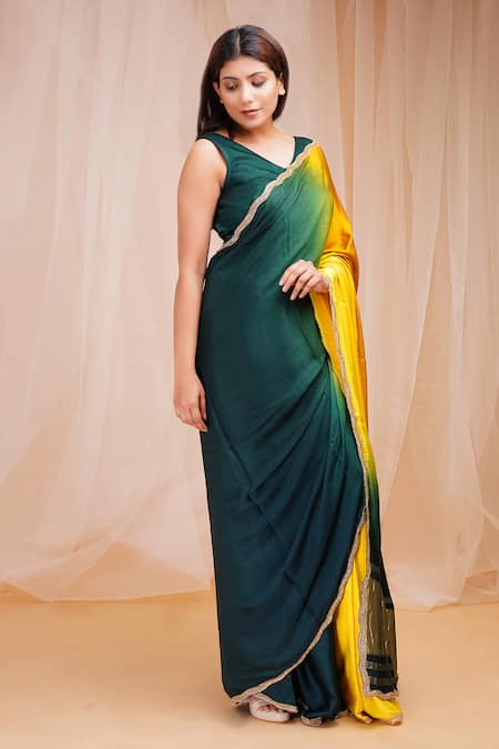 Farha Syed Green Gajji Satin Silk Embroidered Cutdana 4d Dyed Pre-draped Saree With Blouse  5