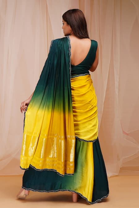 Shop_Farha Syed_Multi Color Gingham, Taffeta Cut Work 4d Dyed Embroidered Pre-draped Saree Set _at_Aza_Fashions