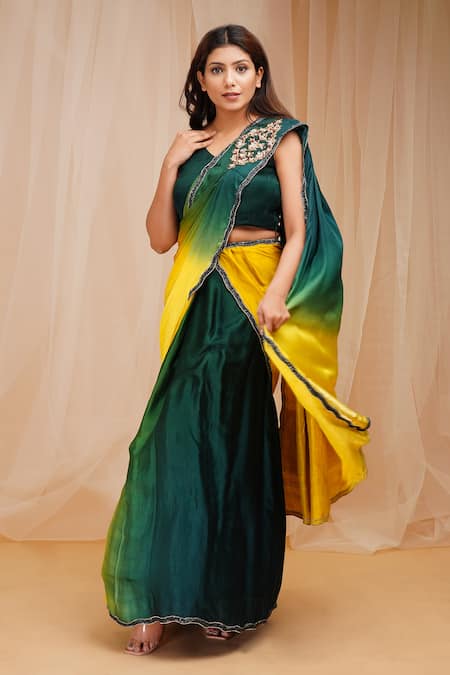Farha Syed_Multi Color Gingham, Taffeta Cut Work 4d Dyed Embroidered Pre-draped Saree Set _Online_at_Aza_Fashions