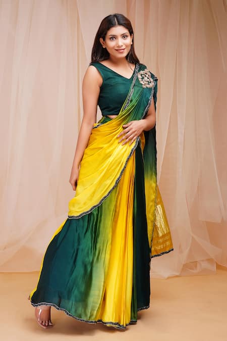 Buy_Farha Syed_Multi Color Gingham, Taffeta Cut Work 4d Dyed Embroidered Pre-draped Saree Set _Online_at_Aza_Fashions