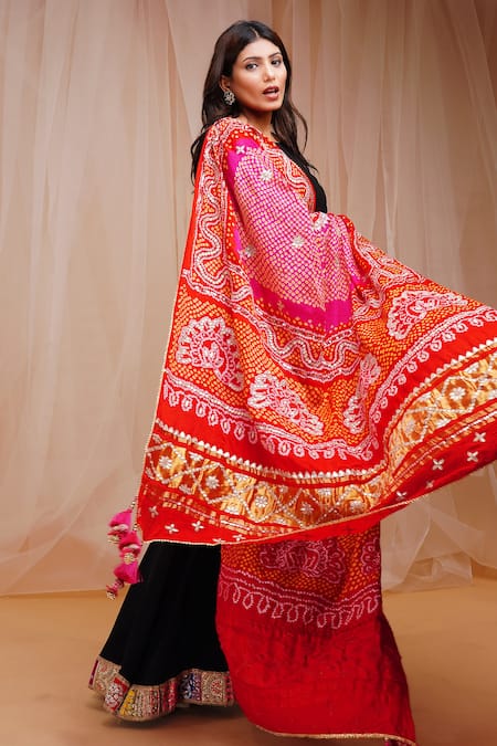 Shop_Farha Syed_Red Crepe, Gingham, Taffeta, Cotton Cut Hem Anarkali With Gajji Silk Dupatta _Online_at_Aza_Fashions