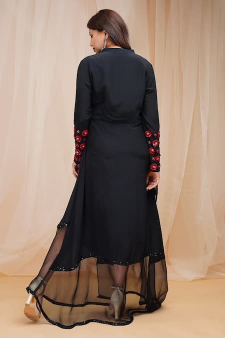 Shop_Farha Syed_Black Crepe, Organza, Taffeta, Cotton Embroidery, Sequins Draped Floral Dress _at_Aza_Fashions