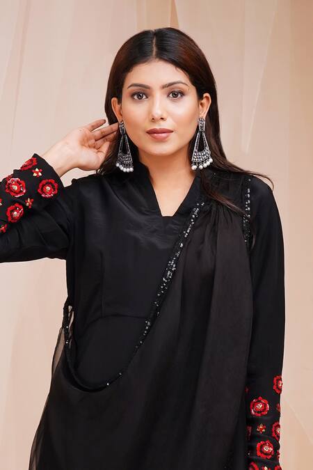 Farha Syed_Black Crepe, Organza, Taffeta, Cotton Embroidery, Sequins Draped Floral Dress _Online_at_Aza_Fashions