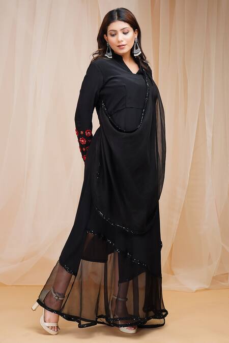 Buy_Farha Syed_Black Crepe, Organza, Taffeta, Cotton Embroidery, Sequins Draped Floral Dress _Online_at_Aza_Fashions