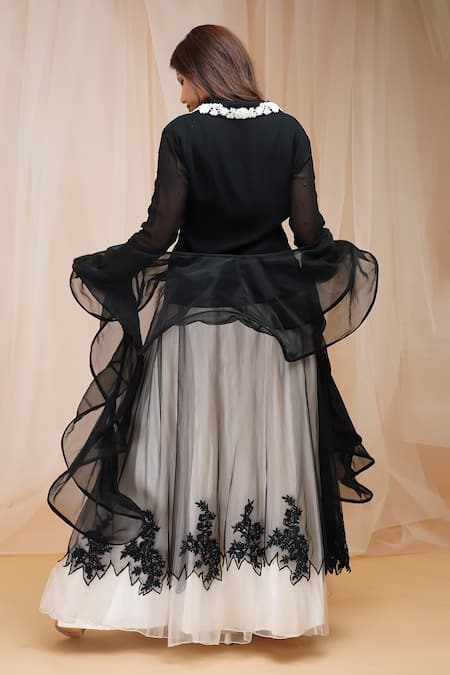 Shop_Farha Syed_Black Georgette, Organza, Net, Gabardine Embroidery Layered Lehenga Set _at_Aza_Fashions