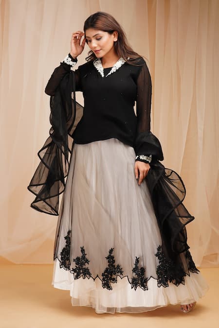 Buy_Farha Syed_Black Georgette, Organza, Net, Gabardine Embroidery Layered Lehenga Set _Online_at_Aza_Fashions