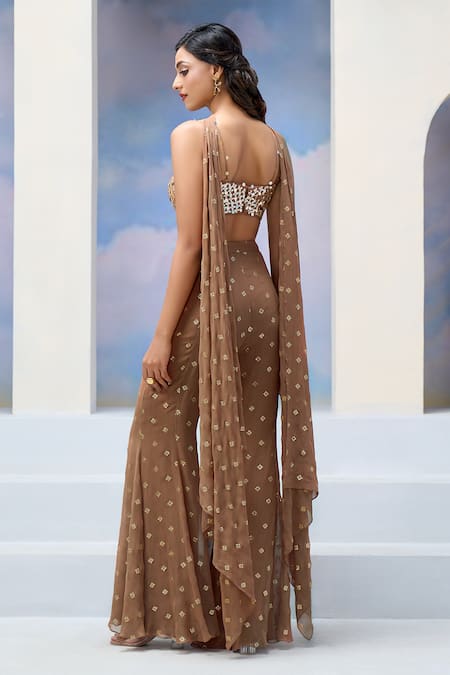 Silky Bindra x AZA Brown Georgette Sequins Asymmetric, V-neck Embroidered Blouse And Flared Pant Set Online at Aza Fashions Silky Bindra x AZA_Brown Georgette Sequins Asymmetric, V-neck Embroidered Blouse And Flared Pant Set _Online_at_Aza_Fashions