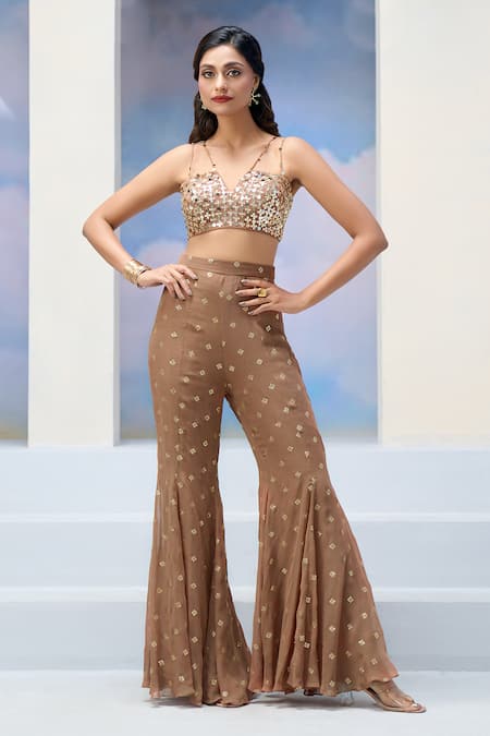 Shop Silky Bindra x AZA Brown Georgette Sequins Asymmetric, V-neck Embroidered Blouse And Flared Pant Set Online at Aza Fashions Shop_Silky Bindra x AZA_Brown Georgette Sequins Asymmetric, V-neck Embroidered Blouse And Flared Pant Set _Online_at_Aza_Fashions