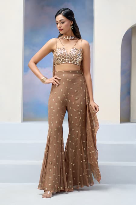 Silky Bindra x AZA Brown Georgette Sequins Asymmetric, V-neck Embroidered Blouse And Flared Pant Set at Aza Fashions Silky Bindra x AZA_Brown Georgette Sequins Asymmetric, V-neck Embroidered Blouse And Flared Pant Set _at_Aza_Fashions
