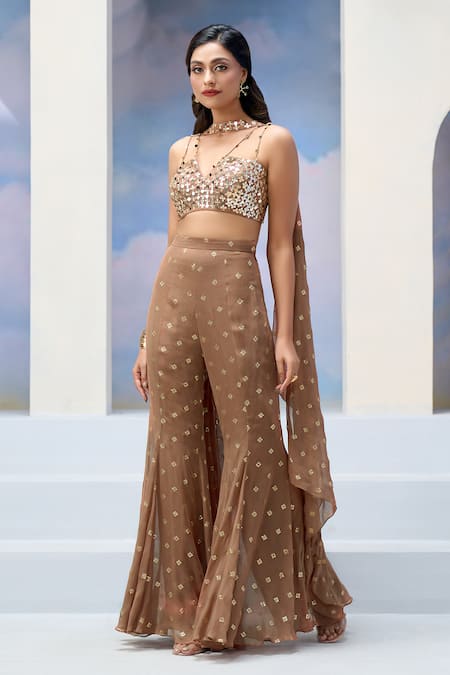 Shop Silky Bindra x AZA Brown Georgette Sequins Asymmetric, V-neck Embroidered Blouse And Flared Pant Set Shop_Silky Bindra x AZA_Brown Georgette Sequins Asymmetric, V-neck Embroidered Blouse And Flared Pant Set