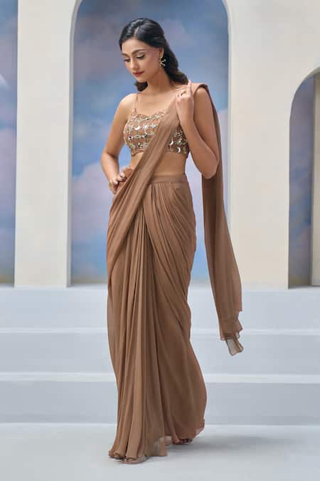 Silky Bindra X AZA_Brown Georgette Embroidery Sweetheart Neck Aylin Pre-draped Saree With Blouse _at_Aza_Fashions