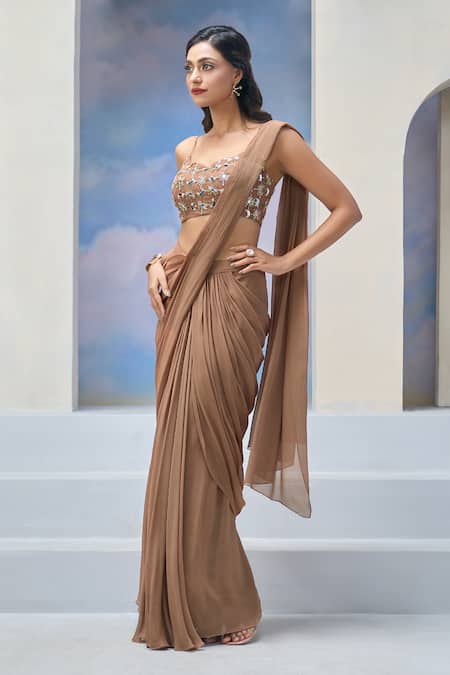 Shop_Silky Bindra X AZA_Brown Georgette Embroidery Sweetheart Neck Aylin Pre-draped Saree With Blouse 