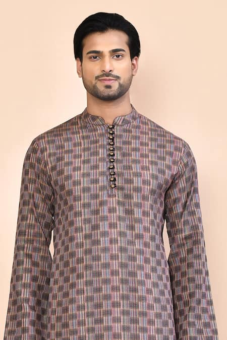 Buy_Arihant Rai Sinha_Brown Cotton Embroidery Abstract Chequered Pattern Kurta _Online_at_Aza_Fashions