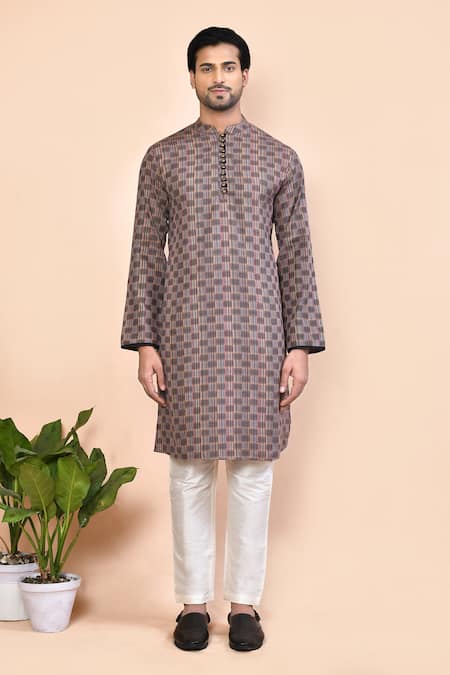 Shop_Arihant Rai Sinha_Brown Cotton Embroidery Abstract Chequered Pattern Kurta _Online_at_Aza_Fashions