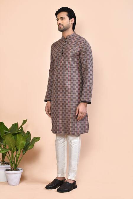 Arihant Rai Sinha_Brown Cotton Embroidery Abstract Chequered Pattern Kurta _at_Aza_Fashions
