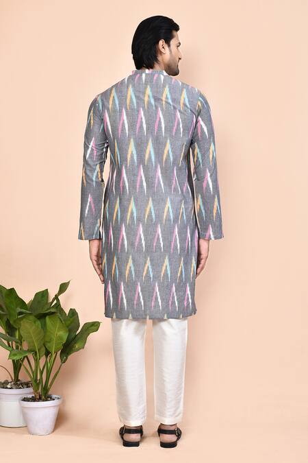 Shop_Arihant Rai Sinha_Grey Cotton Ikat Weave Pattern Kurta _at_Aza_Fashions