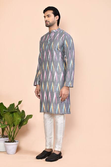 Buy_Arihant Rai Sinha_Grey Cotton Ikat Weave Pattern Kurta _Online_at_Aza_Fashions