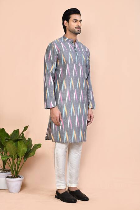 Shop_Arihant Rai Sinha_Grey Cotton Ikat Weave Pattern Kurta _Online_at_Aza_Fashions