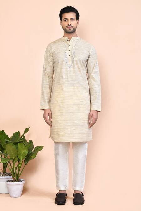 Arihant Rai Sinha_Beige Cotton Embroidery Placement Kurta _Online_at_Aza_Fashions