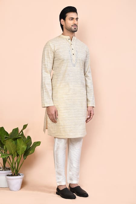 Arihant Rai Sinha_Beige Cotton Embroidery Placement Kurta _at_Aza_Fashions