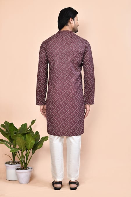 Shop_Arihant Rai Sinha_Brown Cotton Embroidery Geometric Print Straight Kurta _at_Aza_Fashions