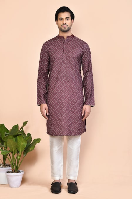 Arihant Rai Sinha_Brown Cotton Embroidery Geometric Print Straight Kurta _Online_at_Aza_Fashions
