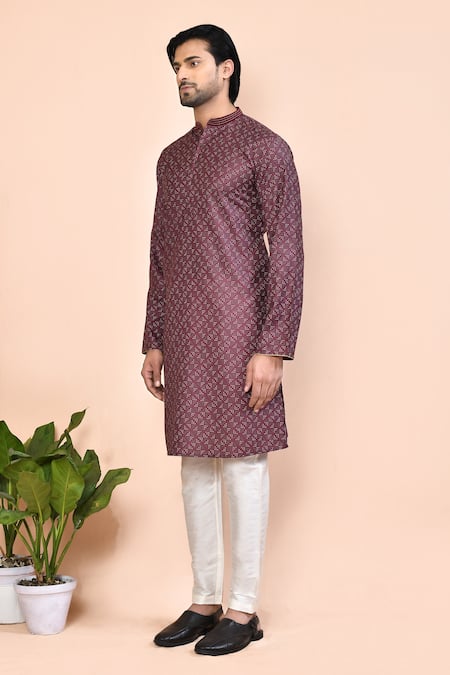 Buy_Arihant Rai Sinha_Brown Cotton Embroidery Geometric Print Straight Kurta _Online_at_Aza_Fashions
