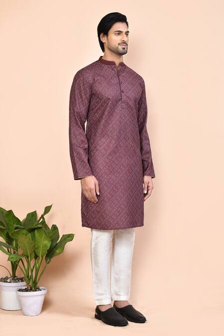 Shop_Arihant Rai Sinha_Brown Cotton Embroidery Geometric Print Straight Kurta _Online_at_Aza_Fashions