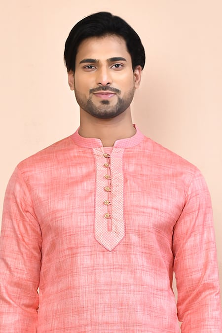 Buy_Arihant Rai Sinha_Pink Cotton Banarasi Placket Kurta _Online_at_Aza_Fashions