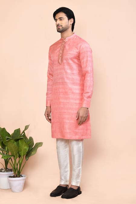 Shop_Arihant Rai Sinha_Pink Cotton Banarasi Placket Kurta _Online_at_Aza_Fashions