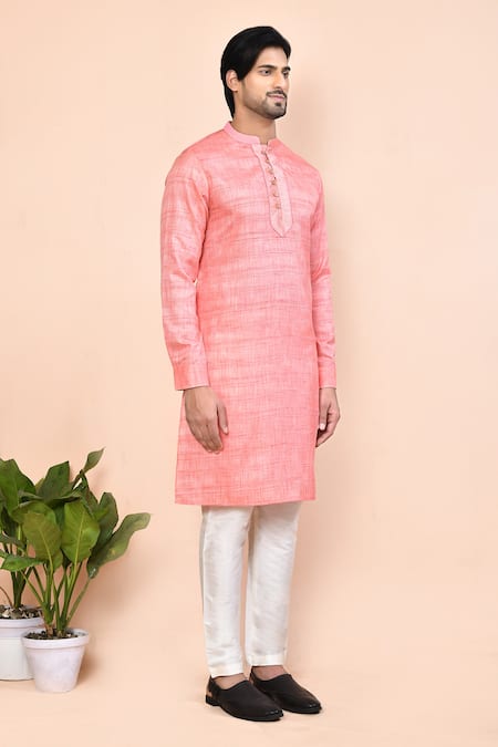 Arihant Rai Sinha_Pink Cotton Banarasi Placket Kurta _at_Aza_Fashions