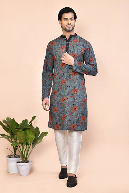 Arihant Rai Sinha Grey Cotton Print Ajrakh Floral Kurta