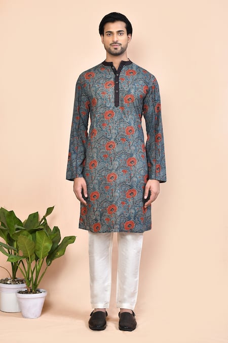 Arihant Rai Sinha_Grey Cotton Floral Ajrakh Print Kurta_Online_at_Aza_Fashions
