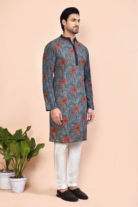 Arihant Rai Sinha_Grey Cotton Floral Ajrakh Print Kurta_at_Aza_Fashions