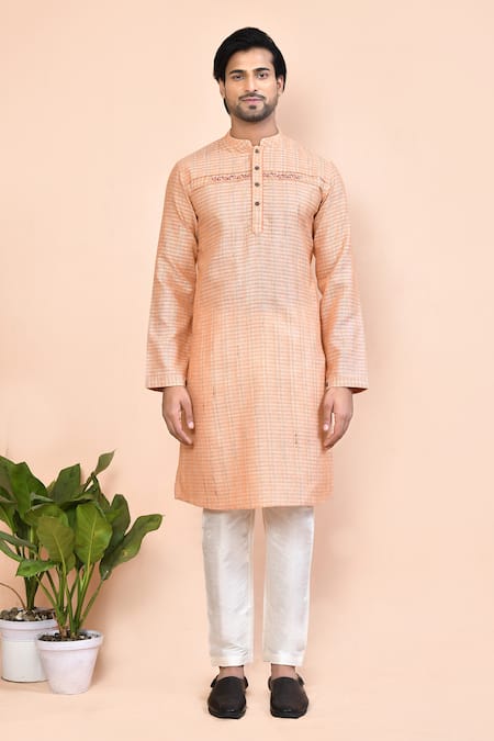Arihant Rai Sinha_Peach Cotton Embroidery Jacquard Pattern Kurta_Online_at_Aza_Fashions