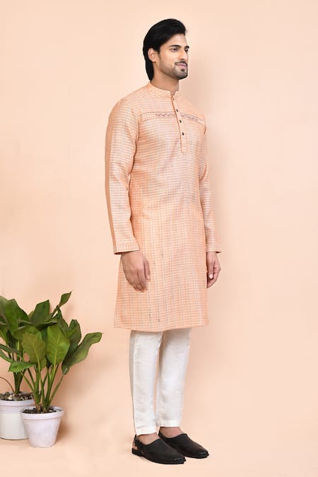 Shop_Arihant Rai Sinha_Peach Cotton Embroidery Jacquard Pattern Kurta_Online_at_Aza_Fashions