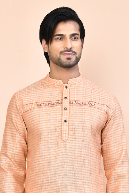 Arihant Rai Sinha Peach Cotton Embroidery Jacquard Pattern Kurta at Aza Fashions Arihant Rai Sinha_Peach Cotton Embroidery Jacquard Pattern Kurta_at_Aza_Fashions