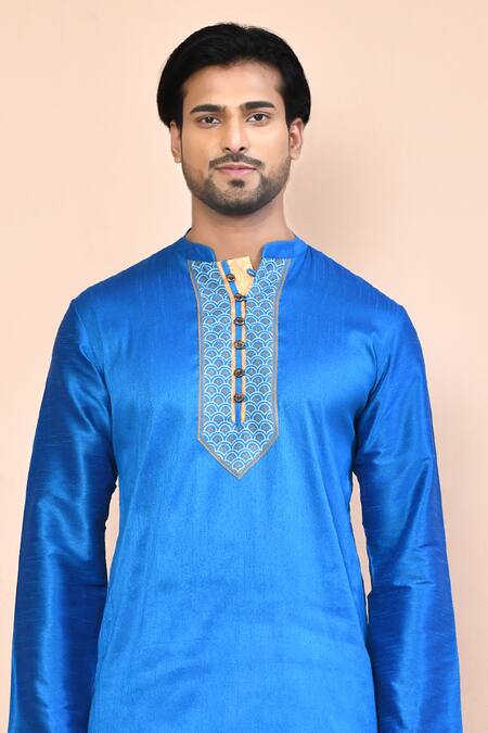 Buy Arihant Rai Sinha Blue Cotton Embroidery Printed Placket Kurta Online at Aza Fashions Buy_Arihant Rai Sinha_Blue Cotton Embroidery Printed Placket Kurta _Online_at_Aza_Fashions
