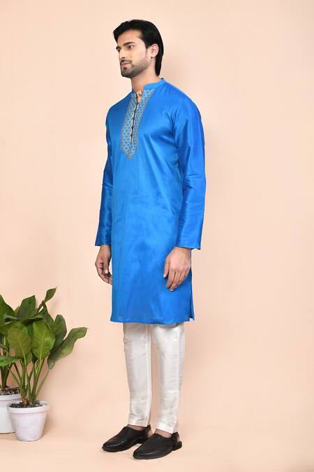 Shop_Arihant Rai Sinha_Blue Cotton Embroidery Printed Placket Kurta _Online_at_Aza_Fashions